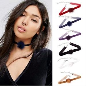 Gray Velvet Faux Fur Pompom Choker Necklace